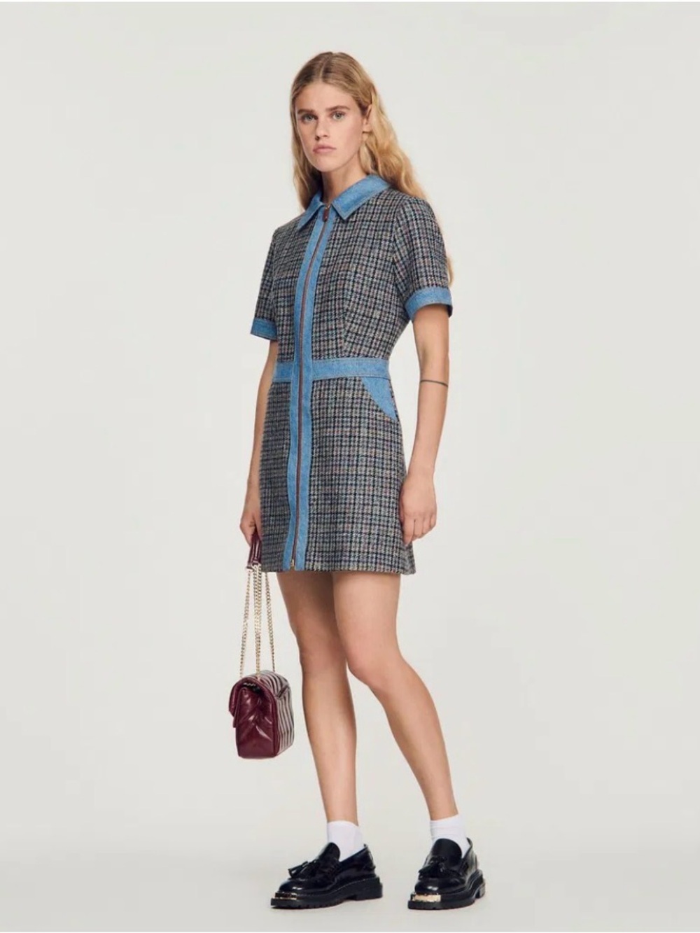 Sandro Denim Trim Plaid Mini Dress